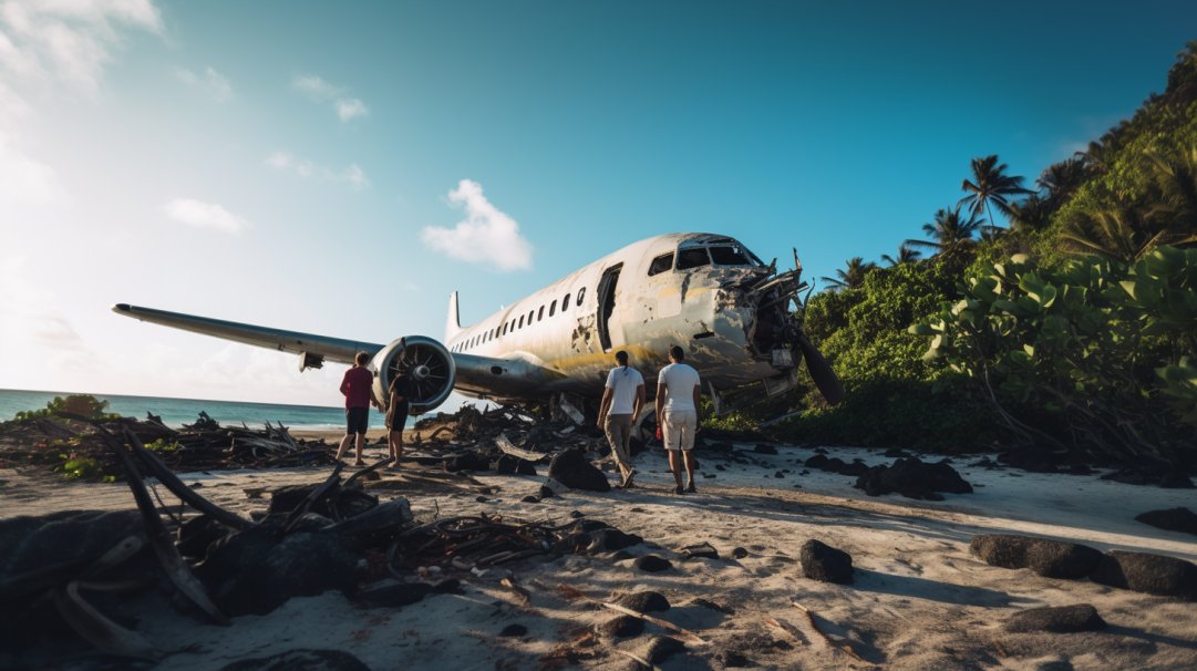 trickjourney's tweet photo. A US plane has crashed on a deserted island. 4 people survived the crash. https://t.co/noW94EP13g