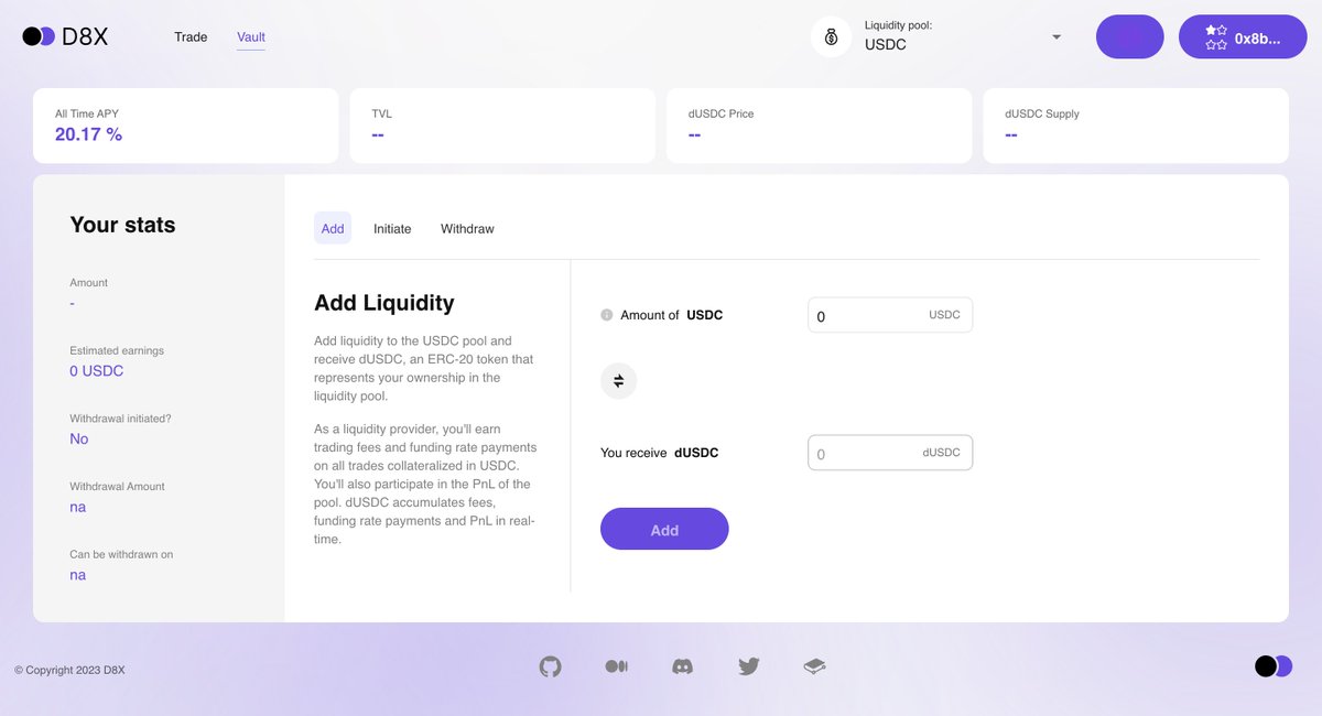 d8x_exchange's tweet photo. Week 2 of the D8X UX Challenge is now live! 🎉

For the next 24 hours, join our Discord and provide feedback for the chance to become an MVP 👑

This week we're looking for feedback on 💧 Liquidity Provision 💧 inside the Vault https://t.co/7ndYktxfRF