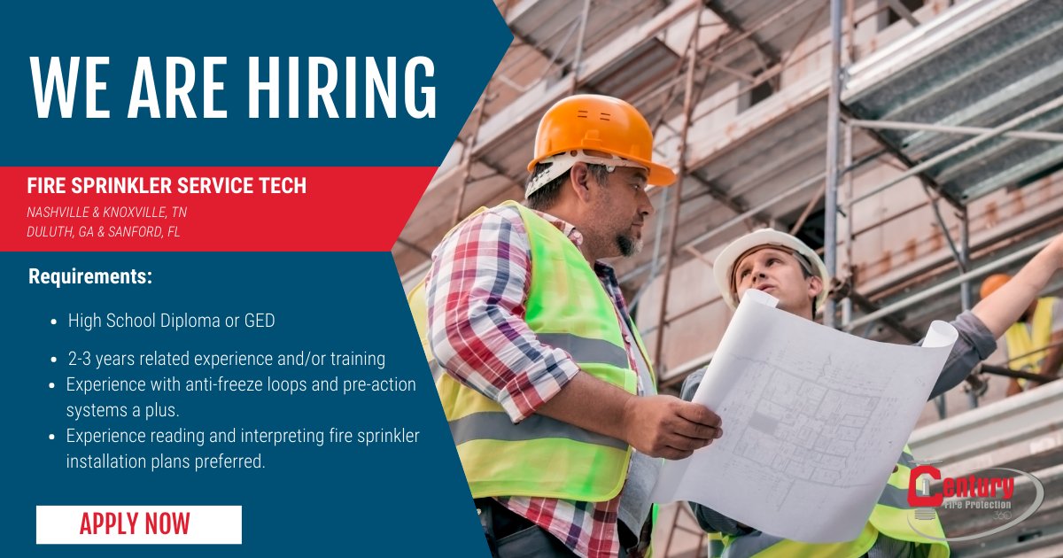 CenturyFP's tweet image. 🔥Fire Sprinkler Service Tech opening in TN, GA, FL! Competitive pay, great benefits, and growth opportunities!
Apply now: hubs.la/Q01YkR8v0 
#CenturyFire #Hiring #FireProtectionJobs #DuluthCareers #KnoxvilleCareers #OrlandoCareers #NashvilleCareers #AtlantaCareers