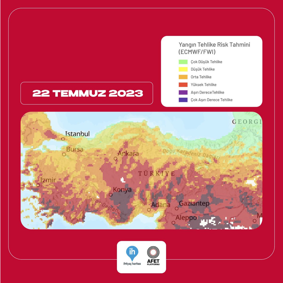 🚨20-24 Temmuz "Türkiye Yangın Risk Haritası" verileri yayımlandı!

Copernicus EMS tarafından yayımlanan yangın risk haritasında güney ve batı bölgelerimizde yüksek ölçüde risk görülmektedir.

Orman yangınının etkilerini takip etmek için afetharitasi.org'u ziyaret ediniz.