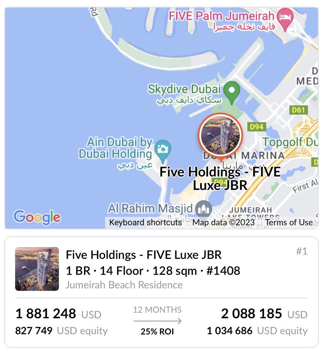 AI_RealEstate_W's tweet photo. 🔥Dive into luxury at FIVE Luxe JBR, Dubai! 💎 1BR units for $1,882,834. Discover a world of comfort at your fingertips! For details, DM us now. #FiveHoldings #LuxuryLiving #DubaiProperty #InvestInLuxury 🏝️🏢💰 https://t.co/z95Pu2bCik