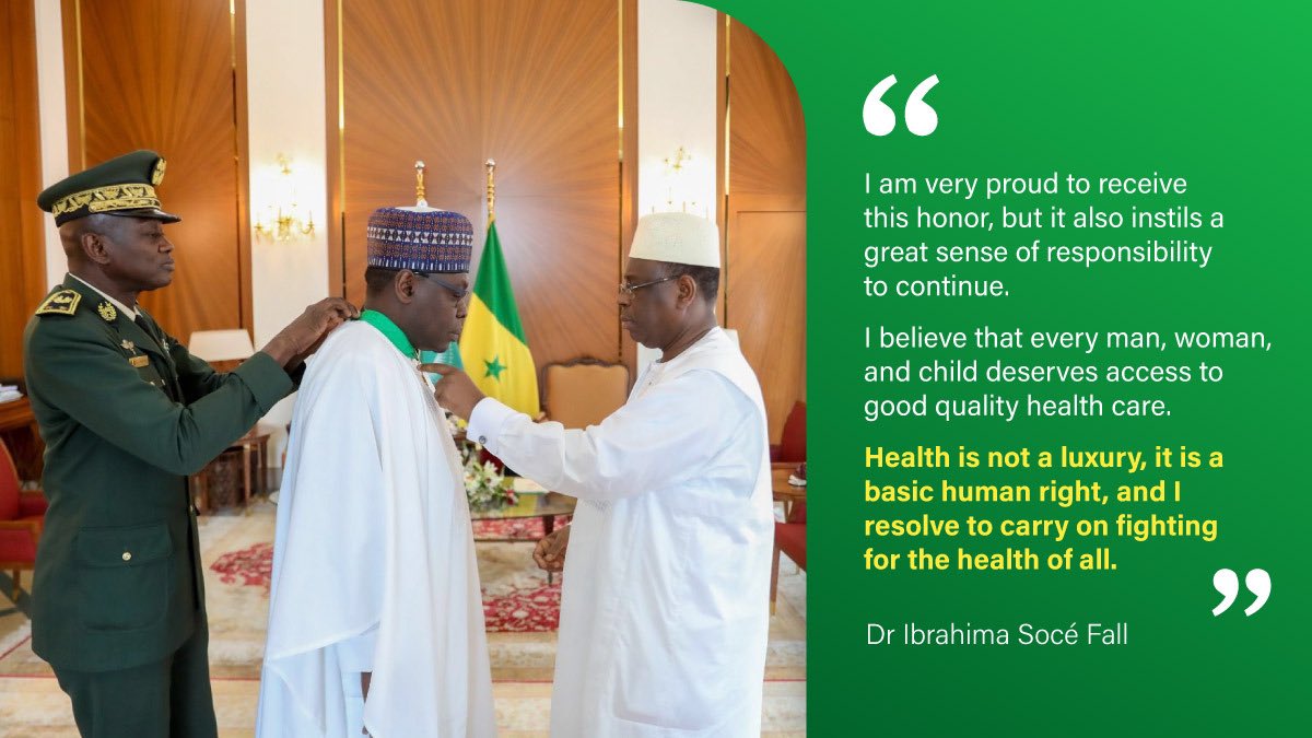 drclstbg's tweet photo. Last night @SoceFallBirima , Director of the Global NTD Programme, WHO, received The National Order of the Lion Commander medal  from His Excellency President   @Macky_Sall for his incredible and ongoing contribution to global health. Congratulations 👏🏻
@PR_Senegal https://t.co/VsyEnYPmWP