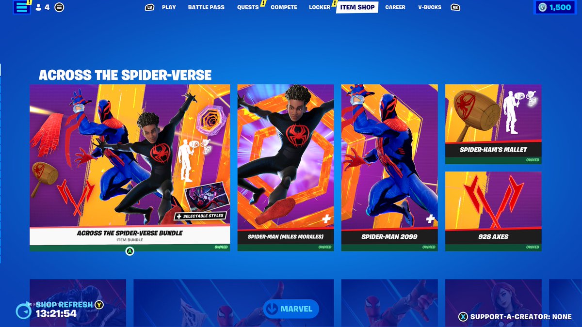 SparkingDoriya's tweet photo. The #AcrossTheSpiderVerse bundle and the #SpiderZero items are back in the item shop alongside Venom, Green Goblin and Mary Jane. https://t.co/MTEYkBpNJN