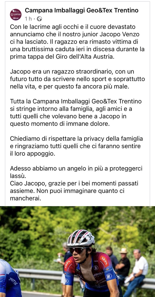 ILENIALazzaro's tweet photo. Apprendo questa terribile notizia, l’ennesima, che scuote il nostro sport.
Una giovane vita che ci lascia.
Un abbraccio fraterno alla famiglia di Jacopo, a tutta la Campana Imballaggi e al mondo del ciclismo intero, che anche oggi piange una vita spenta troppo presto. #rip https://t.co/9fgvehTdeg