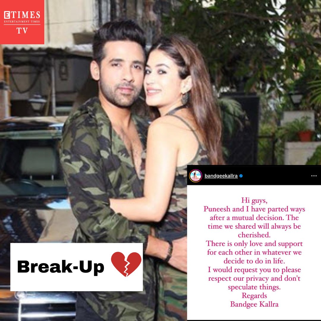 ETimesTV's tweet photo. Bigg Boss fame and lovebirds Bandagi Kalra and Puneesh Sharma have parted ways after being together for a long time 💔
#puneeshsharma #bandagikalra #tvcouple #breakupnews #tvcelebs #biggboss #realtityshow #sadnews #mutualdecision https://t.co/fiEY2dQFGp