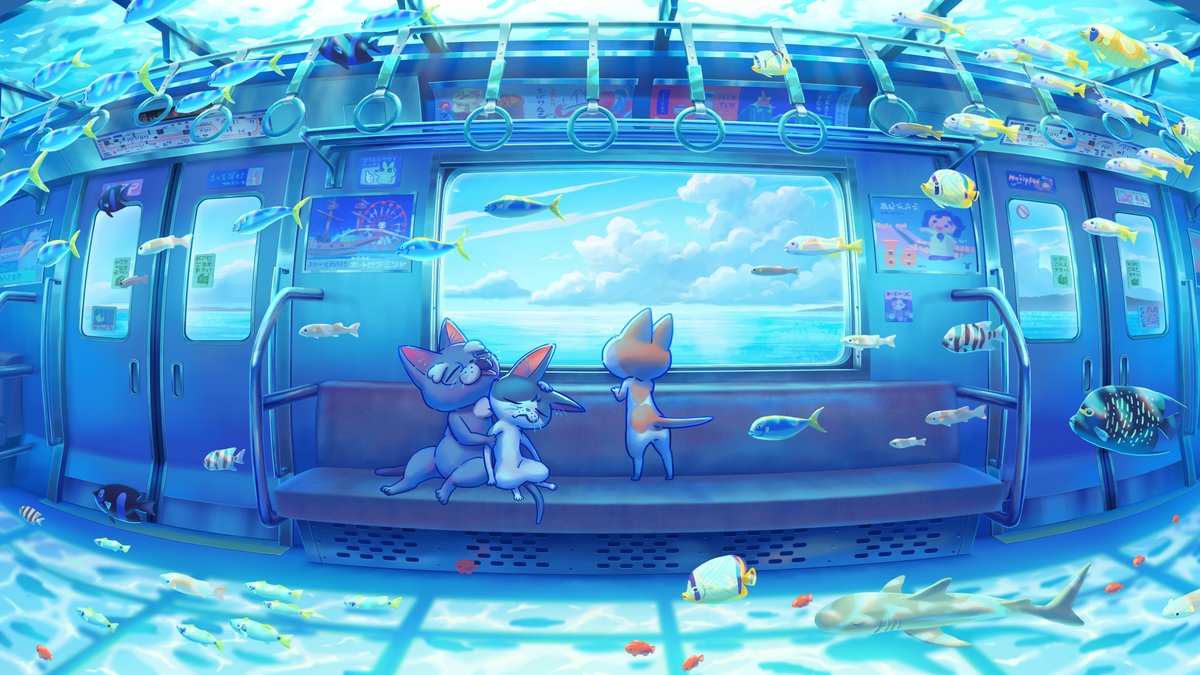 fish train interior no humans sleeping cat cloud animal  illustration images