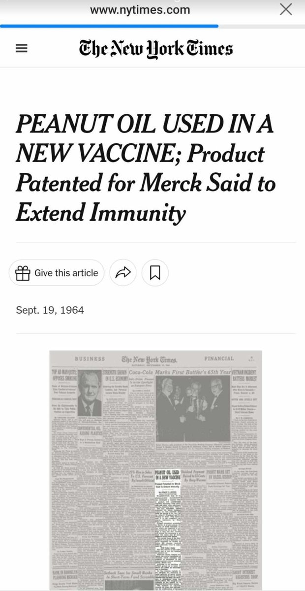 VoicesUnheard's tweet photo. Where did the Peanut allergy epidemic come from? 

THE RISE OF VACCINES

"The big change came with vaccines. Peanut oils were introduced as vaccine excipients in the mid 1960s. An article appeared in the NY Times on 18 Sept, 1964 that would never be printed today. The author described how a newly patented ingredient containing peanut oil was added as an adjuvant to a new flu vaccine, in order to prolong the "immunity." The oil was reported to act as a time release capsule, and theoretically enhanced the vaccine's strength. Same mechanism as with penicillin.

That new excipient, though not approved in the US, became the model for subsequent vaccines."