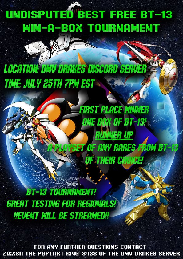 DMV_Drakes's tweet photo. DMV DRAKES WIN A BOX
A FREE BOX OF BT-13!
#dmvdrakes #digimon #digimontcg #bt13 #winaboxtourney #twitch #discord
https://t.co/sfSuU0DNj6 https://t.co/E6uSR8biPp
