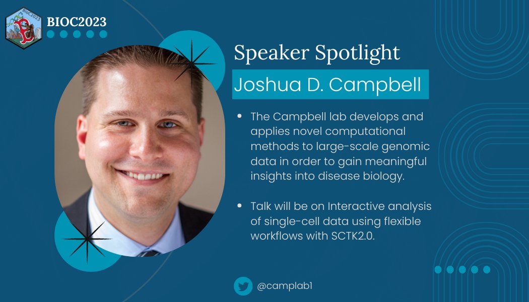 Bioconductor (@bioconductor) on Twitter photo **Speaker Spotlight**
Joshua D. Campbell
Twitter: <a href="/camplab1/">Campbell Lab</a>
Website: buff.ly/3JMqyRX
#BioC2023 talk will be on Interactive analysis of single-cell data using flexible workflows with SCTK2.0
Schedule: buff.ly/3O1mjVq
Registration : buff.ly/3nKEq72 **Speaker Spotlight**
Joshua D. Campbell
Twitter: <a href="/camplab1/">Campbell Lab</a>
Website: buff.ly/3JMqyRX
#BioC2023 talk will be on Interactive analysis of single-cell data using flexible workflows with SCTK2.0
Schedule: buff.ly/3O1mjVq
Registration : buff.ly/3nKEq72