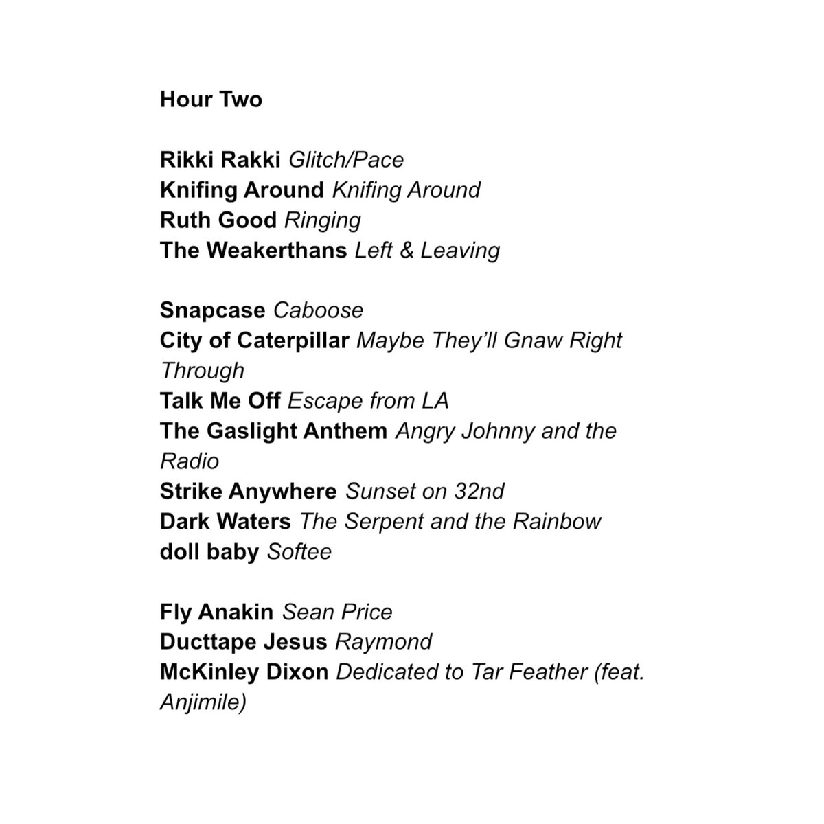whenever i take a break and don’t do the show for four weeks, it’s a bit of a radio homecoming and i feel like the playlist displays a sense of excitement to put together the show
here’s what that looks like
listen back at @WRIR973 and see ya in two weeks!