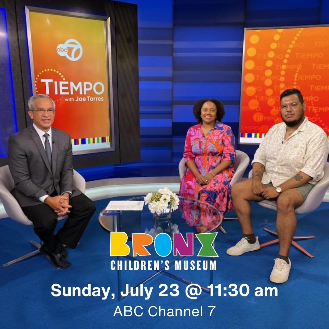 This Sunday, at 11:30am, watch Bronx Children’s Museum Executive Director @DeniseLit4Kids and Arts Program Manager Christopher Gomez on @abc7ny’s Tiempo with @joetorresabc7. Thank you, Joe, for highlighting the work we're doing as our borough’s first-ever children’s museum!