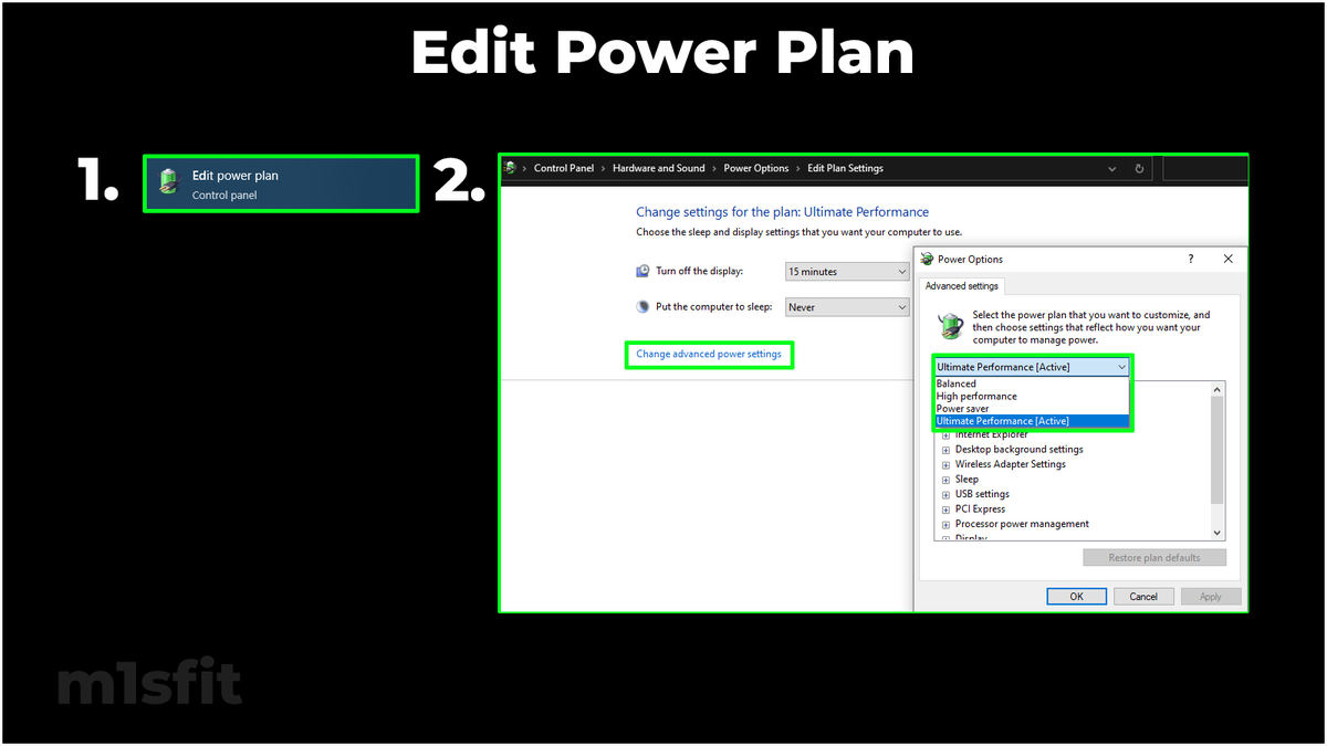 m1sfitx's tweet image. 4/ Edit Power Plan.

Power plan is &quot;balanced&quot; by default.

This caps your processor speed %.

Make sure to enable the best performance.