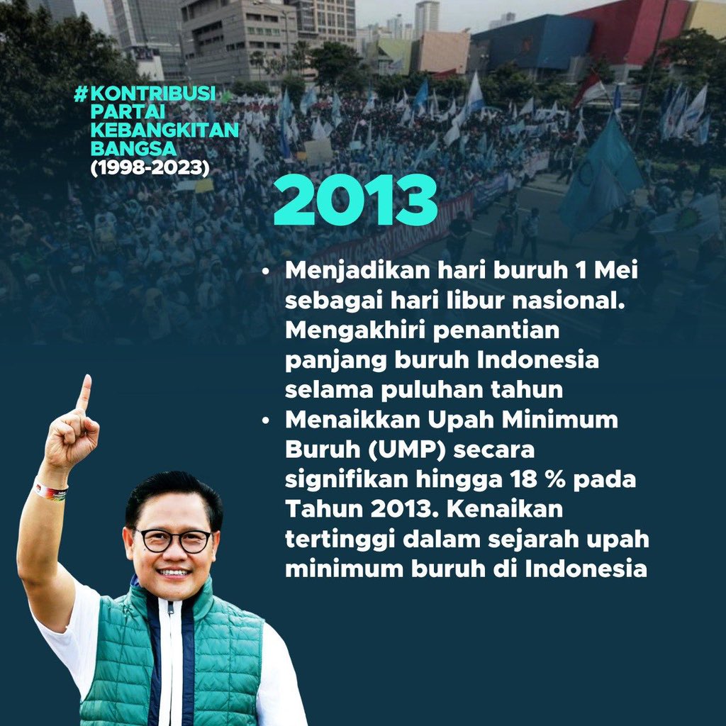Penantian panjang sahabat buruh berakhir setelah perjuangan PKB yang meresmikan Hari Buruh 1 Mei dan meningkatkan UMP hingga 18%. 

#GusIminPKBsatu
#PKBMelayaniIndonesia