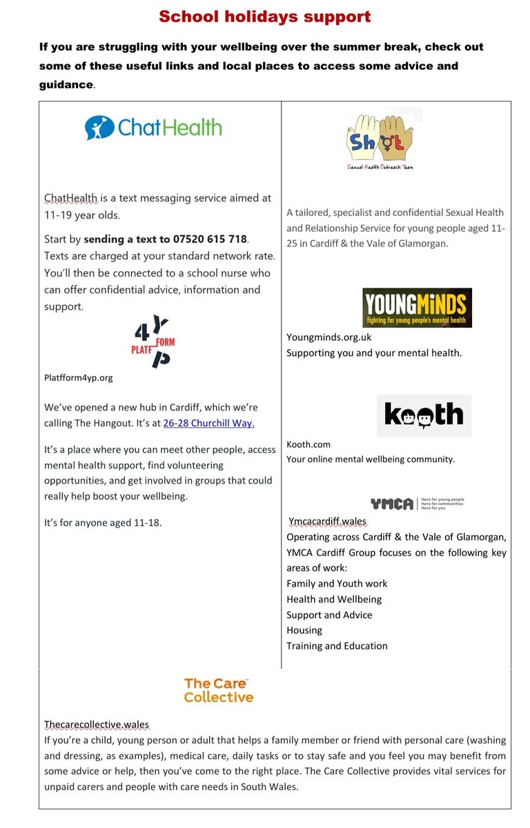 MRSCCP17's tweet photo. For any student that may struggle over the summer holidays, here are some links of support
@Platfform4YP @ChatHealthNHS @YoungMindsUK @YoungCarersCol1 @kooth_plc @SHOTYMCAC_G @YMCACdiff_Grp @radyrcs @radyrPEdept @Radyr_Maths @RADYR_English https://t.co/Rs5kcuLle8