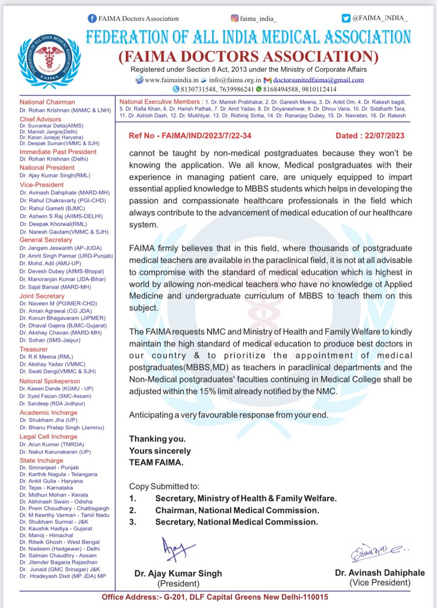 FAIMA Doctors Association (@faima_india_) on Twitter photo We request <a href="/mansukhmandviya/">Dr Mansukh Mandaviya</a> Ji to intervene in this issue.
Many pvt med clgs hires only Msc Graduates as teachers and MBBS / MD teachers who shd be the frst choice always r deprived of the opportunity.
It is imp tht we do not make any compromise on med education . We request <a href="/mansukhmandviya/">Dr Mansukh Mandaviya</a> Ji to intervene in this issue.
Many pvt med clgs hires only Msc Graduates as teachers and MBBS / MD teachers who shd be the frst choice always r deprived of the opportunity.
It is imp tht we do not make any compromise on med education .