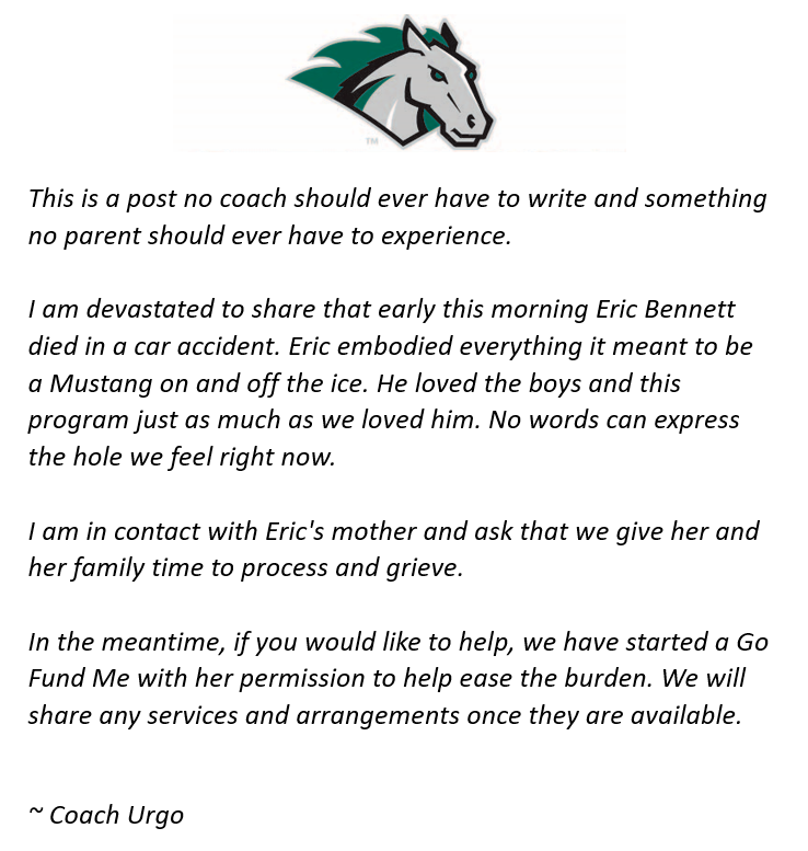 SUACHAHockey's tweet photo. This is a post no coach should ever have to write and something no parent should ever have to experience. 

I am devastated to share that early this morning Eric Bennett died in a car accident... (Full Statement below)

https://t.co/lbblAamfp9 https://t.co/oljhHlLV5k