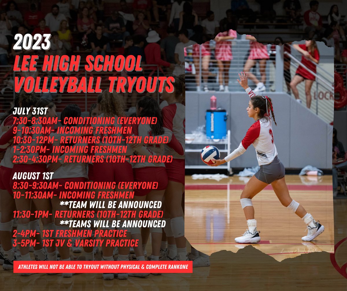 🚨2023 LEE VB tryout dates & times are set!

Contact Coach Martin at gmarti16@neisd.net if you have any questions.

#leevb #govols 

@leevolsbooster @LEEPTSA1 @ISA_Globies @nimitzms_neisd @AthleticsNimitz @JaguarsJackson