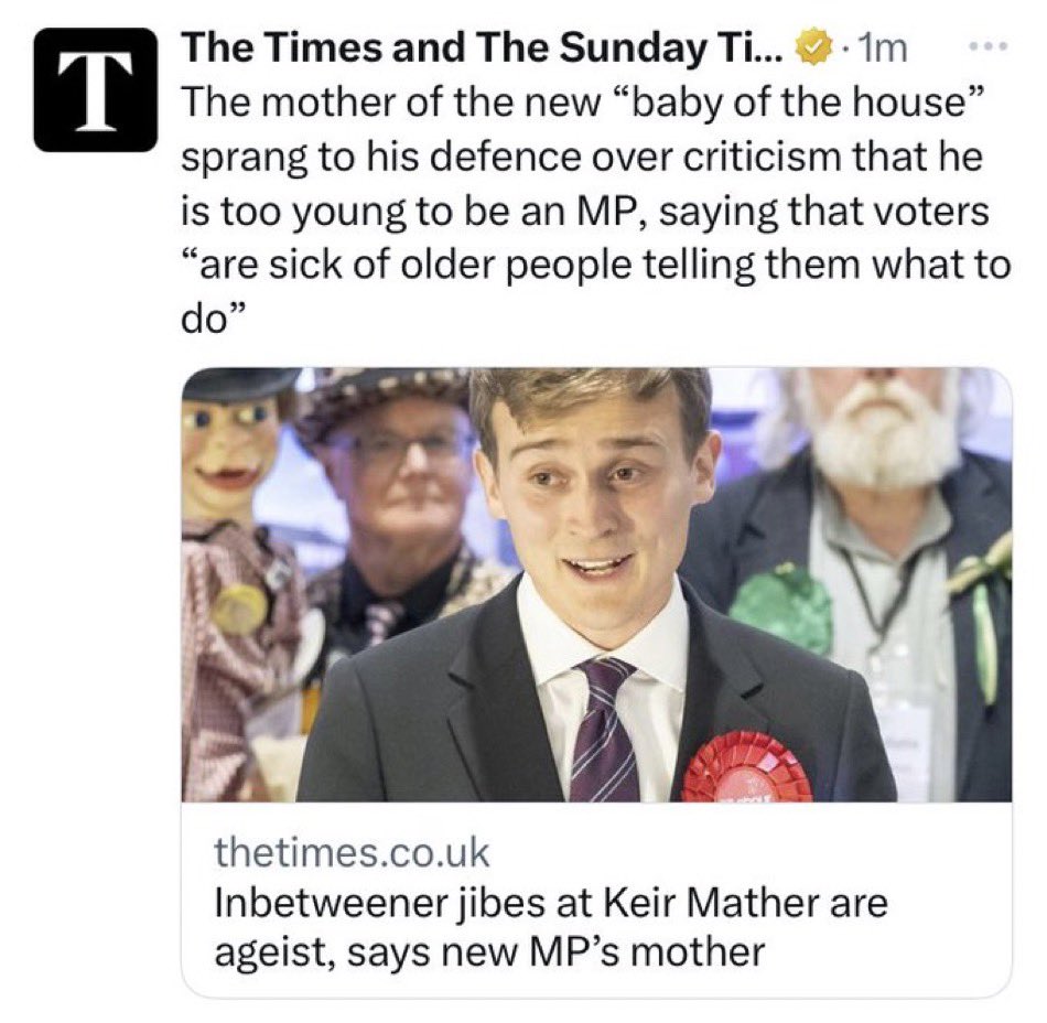 owenjonesjourno's tweet photo. There is nothing wrong with Keir Mather’s age, and we need more young people elected who represent younger generations screwed over by the Tories.

The problem is what he stands for, like supporting Tory policies which drive those much younger than him into poverty. https://t.co/0BqINTimeN