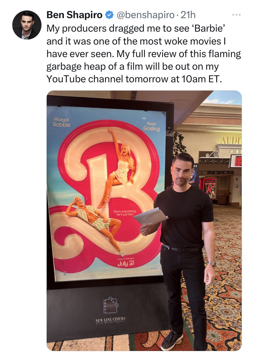MattBinder's tweet image. it was just pointed out to me that Ben Shapiro went to go hate watch the Barbie movie dressed exactly like Ken lmao