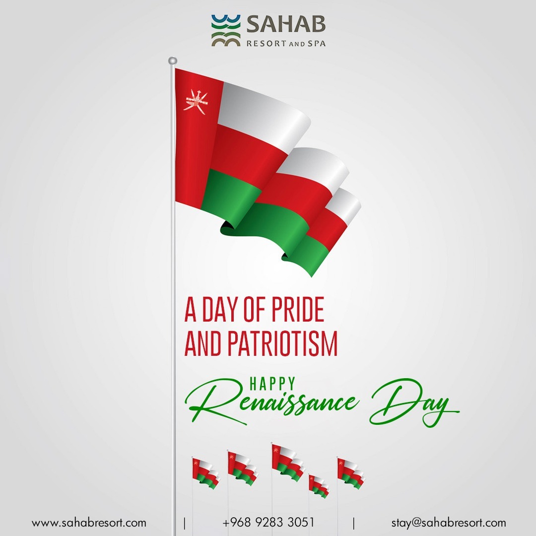 Happy Renaissance Day, a testament to resilience, growth, and cultural richness!

#RenaissanceDay #OmanPride #CulturalHeritage #SahabResortandSpa #LuxuryEscape #CelebrateInStyle #Muscat #Oman #LuxuryResort #StayInLuxury #LuxuryStay #luxuryhotelsworld #uniqueresorts