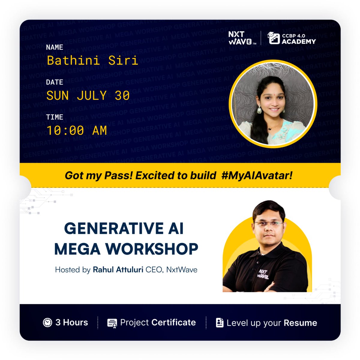 SiriBathini's tweet photo. Got My Pass Excited To build..
Waiting For That Day..💫
#GenAIMegaWorkshop #MyAIAvatar #nxtwaveccbp #ccbpian https://t.co/mh1k6NYHRl