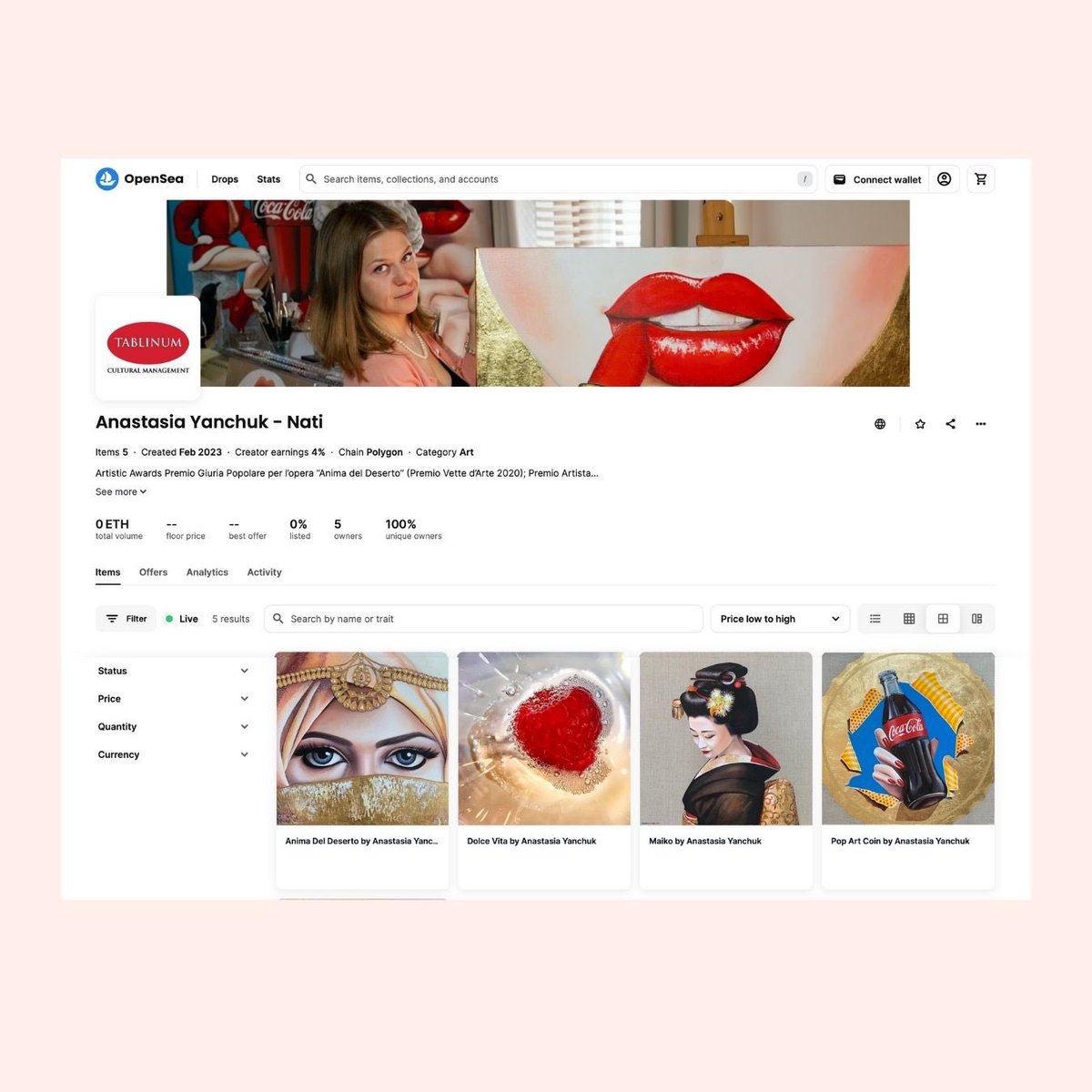 My dear friends! ❤️I am happy to present my first NFTs!🤩
🔥5 unique digital artworks!

ℹ️ 5 NFTs are available for purchase. 
For more info contact: 
<a href="/StudioTablinum/">Tablinum Cultural Management</a>

#nft #nftcollector #NFTCommunity #nftsales #NFTs