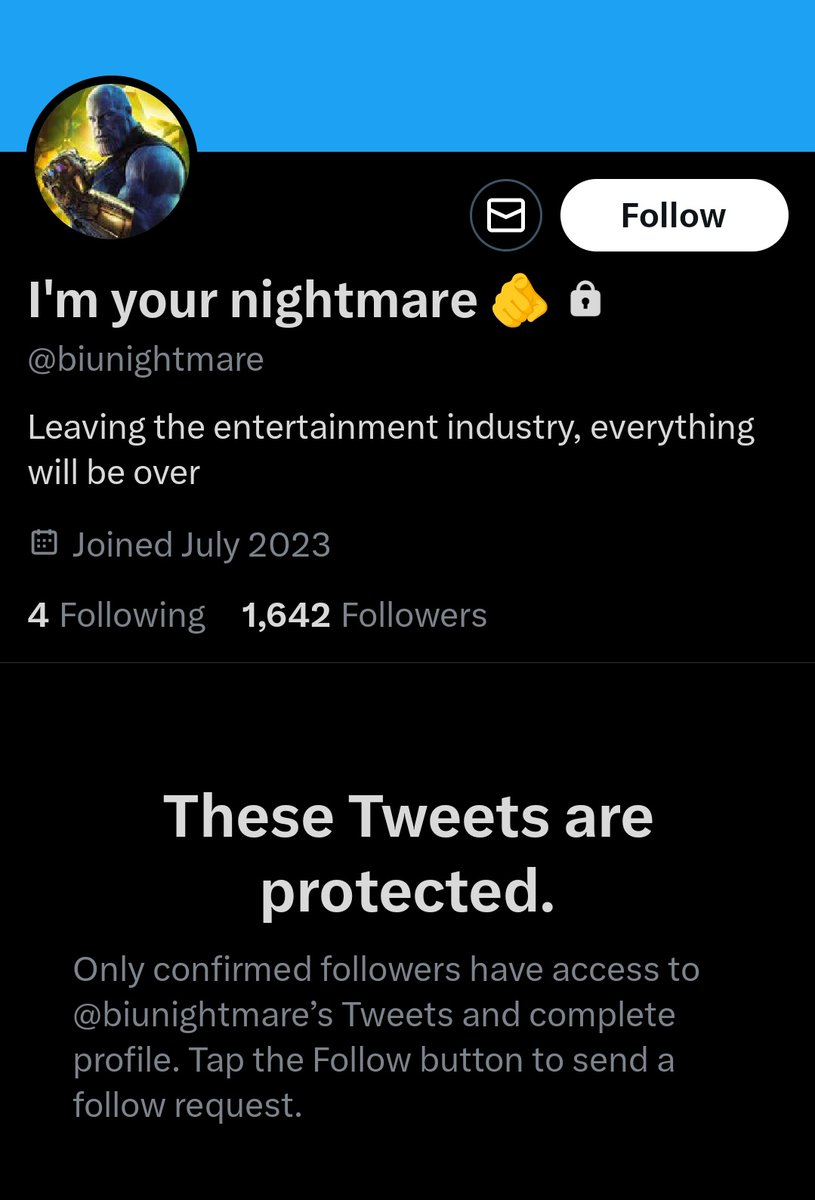 📢 ATENCIÓN!!!

La cuenta cambió su perfil, y podría hacer algun movimiento en cualquier momento!!!

Si se dan cuenta puso a Thanos de perfil, quién más usa Thanos?? 
Sip la 👽..... coincidencia?? Obvio que no

Esta perr4!!!! 

REPORTEN!!!! REPORTEN!!!

@/biunightmare