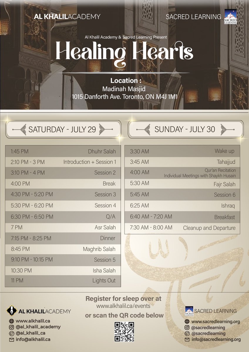 al_khalil_ca's tweet photo. *Healing Hearts Spiritual Retreat Schedule*

Date/Time - Saturday, July 29th from 1:45pm (Dhuhr)

Overnight Retreat - Optional overnight stay for brothers only after the program until 7:30 AM Sunday July 30th.

Guest Speaker - Shaykh Husain A. Sattar (Sacred Learning) https://t.co/OQpKUcuEMl