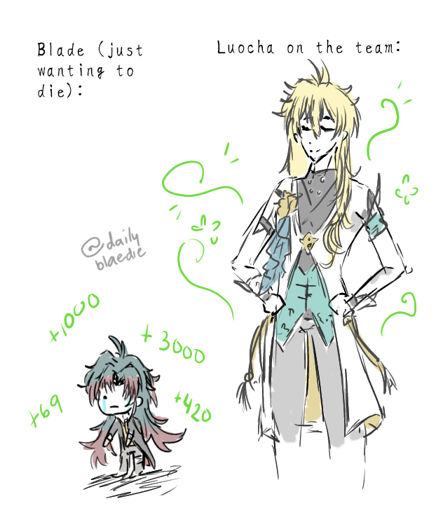 DailyBlaedie's tweet photo. And here I am... still Blade-less and Luocha-less... 🫠

#HonkaiStarRail #honkaistarrailfanart #Blade #bladehsr #luoch https://t.co/bjvhl7FqS5