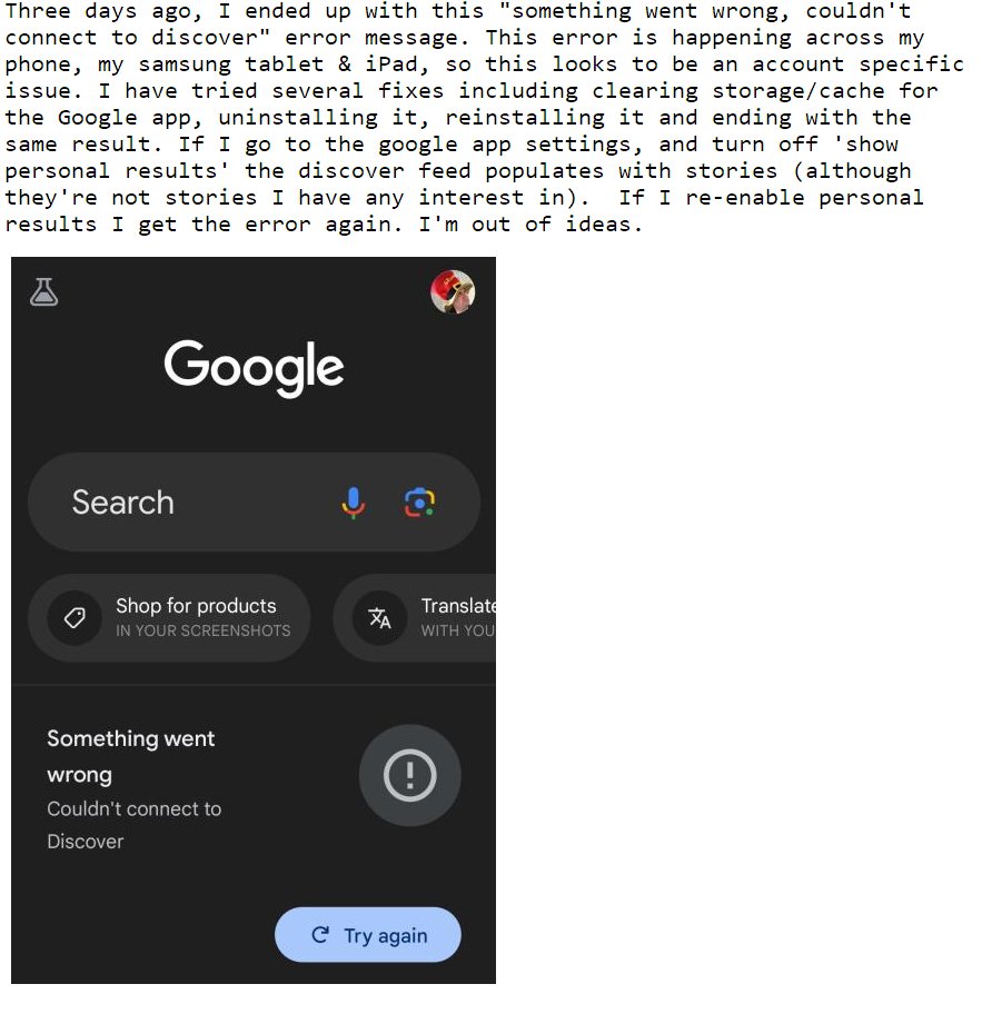mitalis's tweet photo. @Google My personalized discover feed has been broken for 3 days, &amp; I know it's an account specific issue. Disabling personalized discovery brings back stories. This is happening across my phone, samsung tablet &amp; ipad so pretty confident it's not software but acct specific. https://t.co/X4p3ZfM3ww