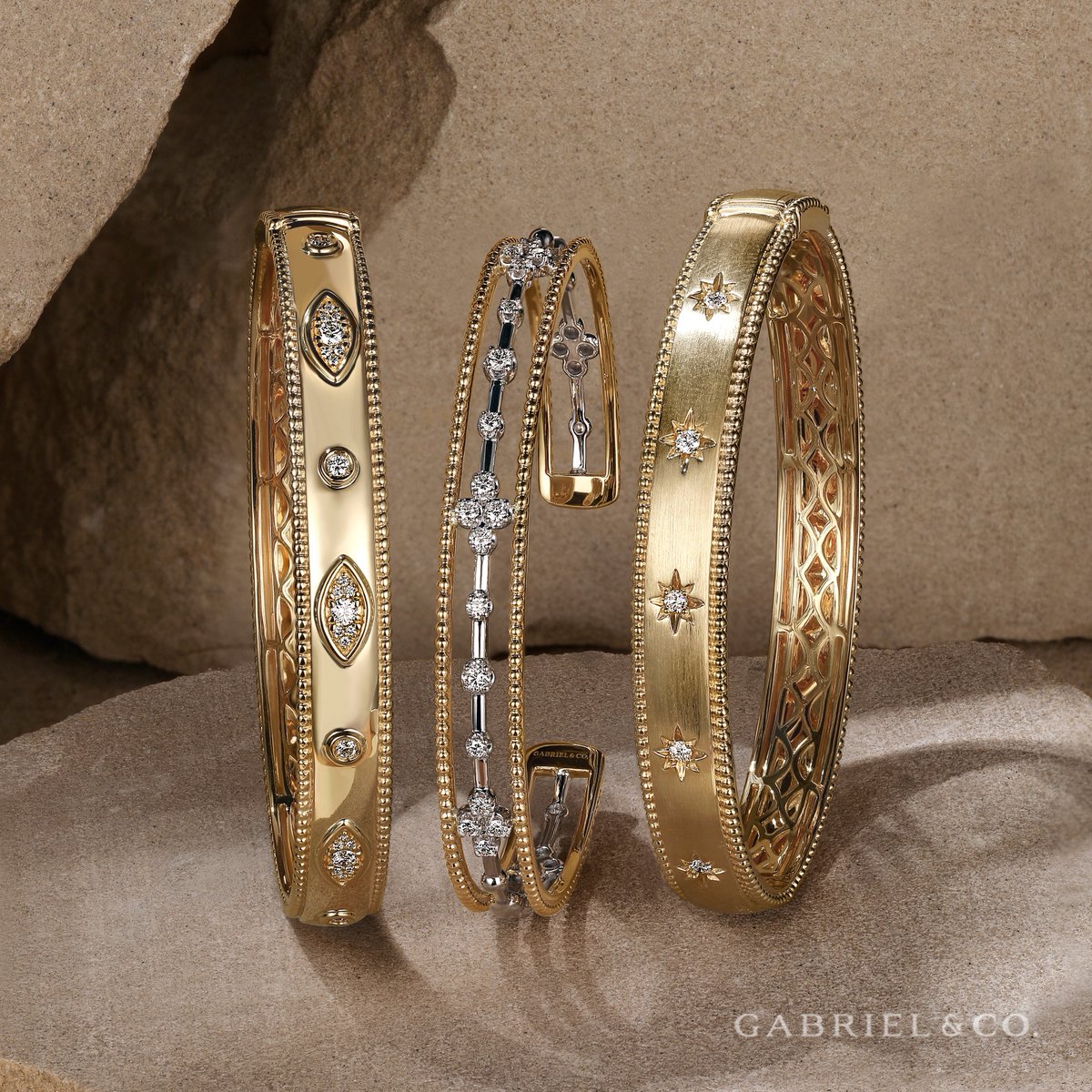 Add a touch of dazzling elegance to your wrist with our stunning Bujukan diamond bangles. 
Styles: BG4935-62Y45JJ, BG4908-62M45JJ & BG4913-62Y45JJ
Shop them all at bit.ly/3NL86up.
#gabrielandco #bujukancollection #bujukanbracelets