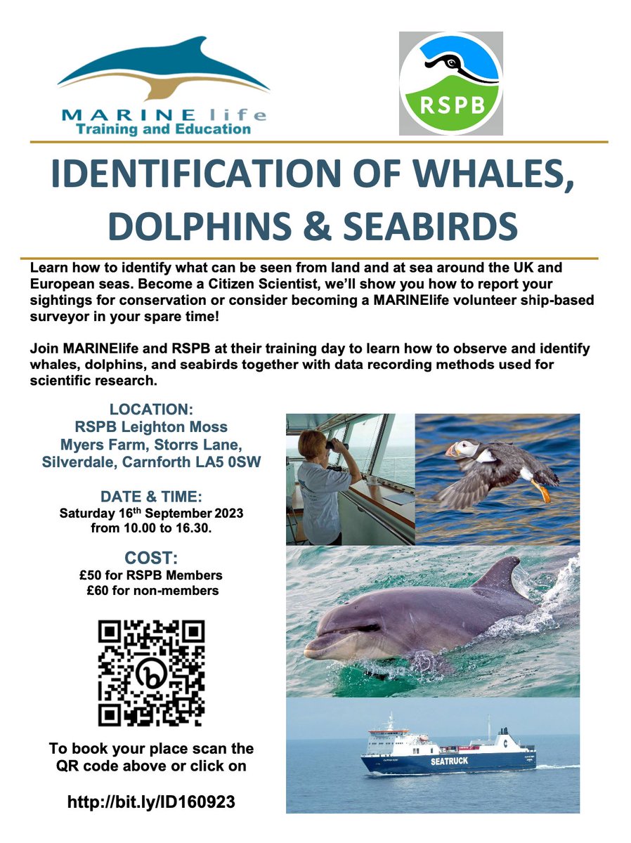 Join @MARINElife_UK and @Natures_Voice at their training day to learn how to observe and identify whales, dolphins, and seabirds together with data recording methods used for scientific research! register.enthuse.com/ps/event/Whale…