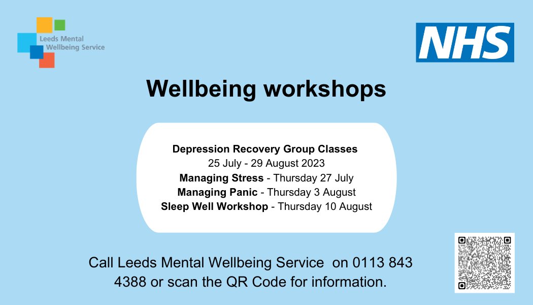 Spread the word about our free wellbeing workshops. Find the right workshop that helps you live more fully in the present moment. Please share this with anybody you feel could benefit 💬💚 🌐 For more information: leedscommunityhealthcare.nhs.uk/our-services-a… #Wellbeing #Leeds #support