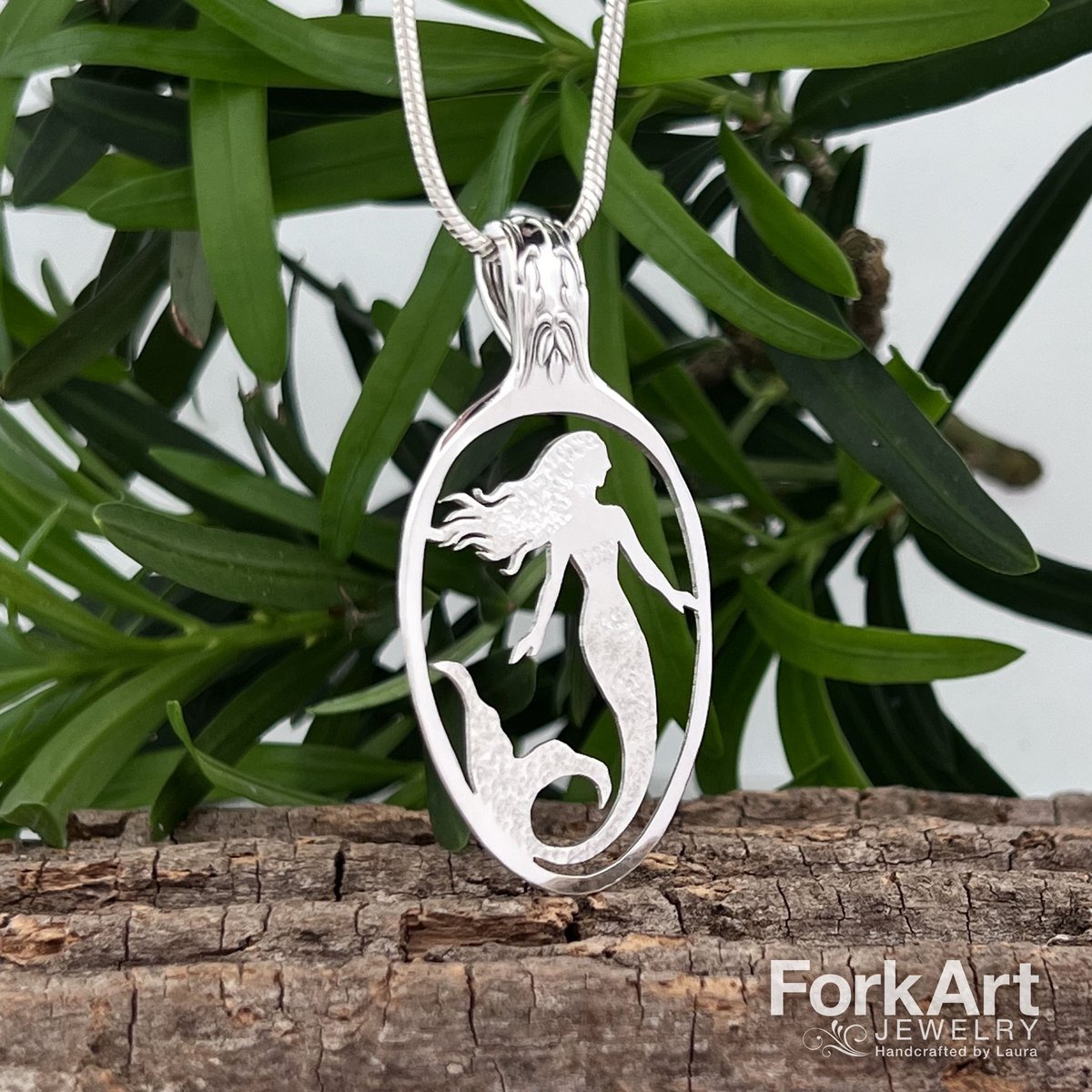 New mermaid pendant hand cut from a sterling silver teaspoon. Approximately 2”x1”. 
.
.
.
#mermaidpendant, #mermaidnecklace, #mermaidjewelry, #upcycled, #upcycledjewelry, #spoonjewelry