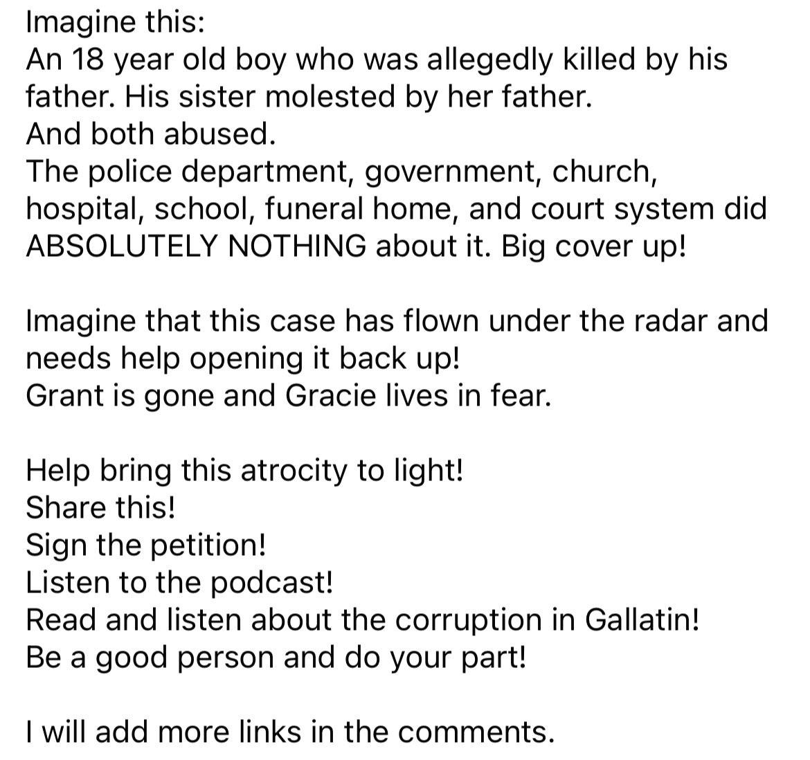 #justiceforgrant #freegracie  #Corruption 
@GallatinPolice is corrupt 
Where is the @FBI 
#dontdieintennessee
#coverup 

Way to go @conlin_lauren 

change.org/p/please-help-…