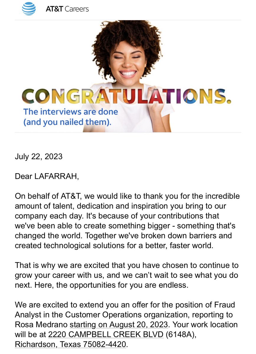 The last 2 weeks have been amazing! #2023MDPLife in Dallas last week and this week being officially offered the Fraud Analyst position. I’m incredibly blessed and grateful for all of the support I have gotten throughout this process and extremely excited for this new opportunity!