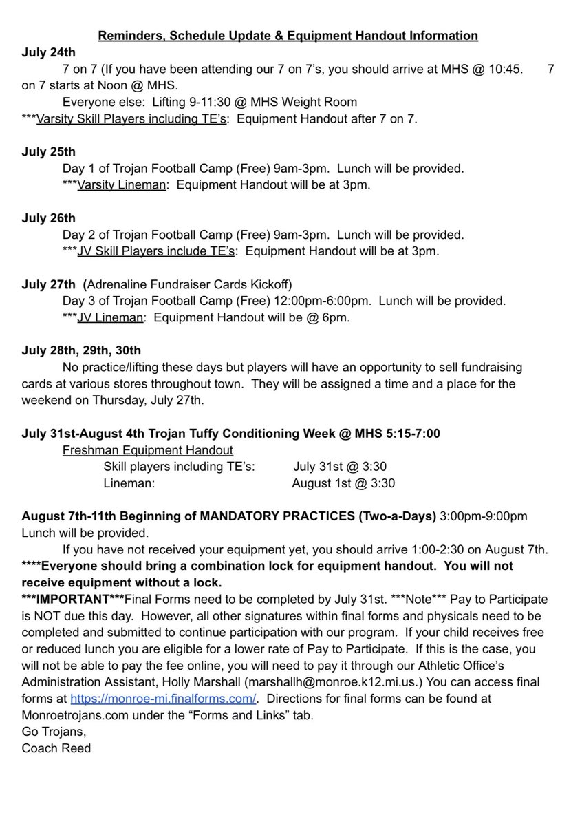 🚨 Please see attached photo for important information for 9th-12th grade players!