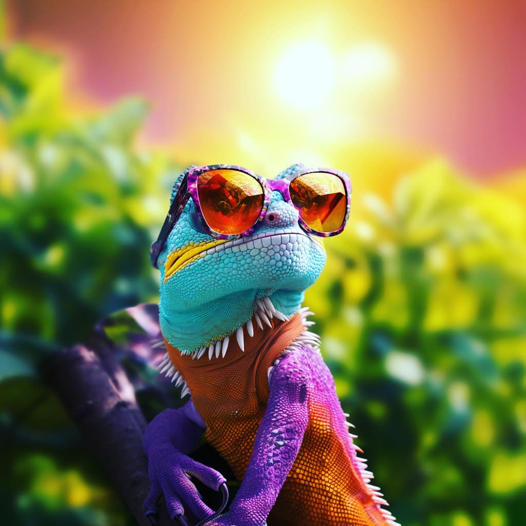 futumetrix's tweet photo. Hi This is ELTON 🙏 A colorful chameleon wearing sunglasses, blending in with a colorful landscape in bright light. 
#EltonChameleon #futumetrix #CharacterDesign #aiart #animalart https://t.co/Kq52UAWMmX