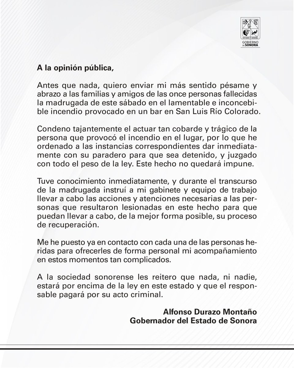Mensaje a la opinión pública sobre el incendio provocado en un bar en San Luis Río Colorado.