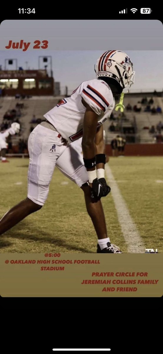 In memory of Jeremiah Collins, join us in prayer on July 23rd at 5:00 at Ray Hughes stadium ❤️💙 #LLj2