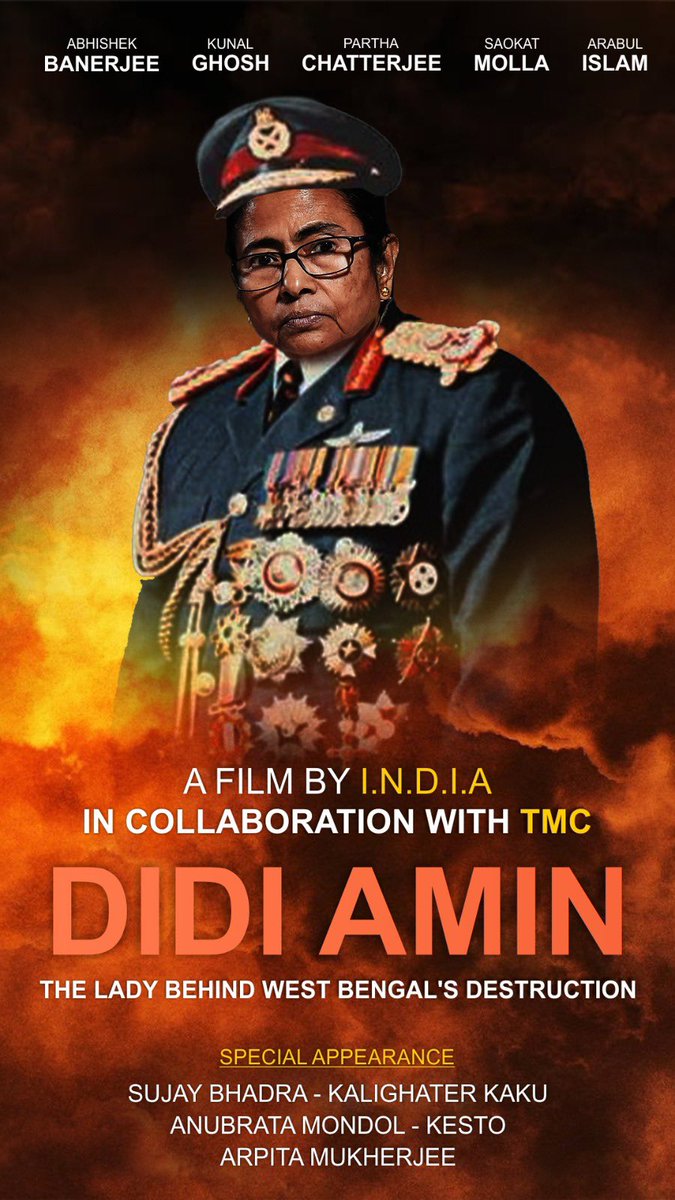 anirbanganguly's tweet photo. The I.N.D.I.A. Production brings you ‘Didi Amin’ the story of an ordinary lady who became death, the destroyer of worlds. 

Experience the cacophony of diversion of an absentee protagonist, lost in a cinematic obsession with her Nephew, seemingly oblivious to the suffering of the people she is meant to protect and represent! 

With inaction and abetment as her most potent weapon, ‘Didi Amin’ remains the scheming and elusive lead in a tragic and bloody tale, leaving us all to wonder if her silence truly speaks louder than her howls!