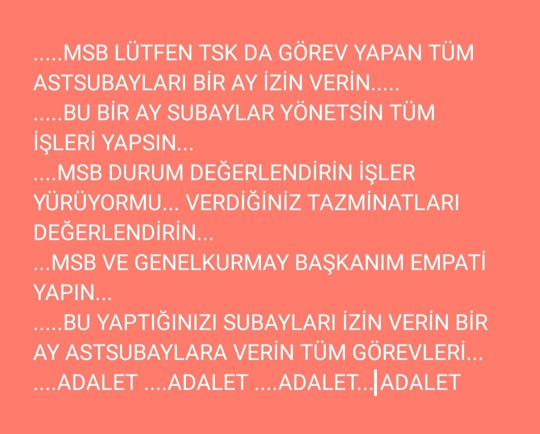 #AstsubaylaraAdalet
TSK Personel K. Md. 3, 4, 85c, 89, 117, 118, 124 vb. gereği kadrolarında teknik, sınıf ve branşUzmanlıklarına göre görev yaparEmeklilikteTAZMİNAT haklarıdır. <a href="/RTErdogan/">Recep Tayyip Erdoğan</a> @FOXhaber <a href="/Sozcu/">Sözcü 🇹🇷📝📰 sondakika haber</a> <a href="/ShowTV/">Show TV</a> <a href="/ntv/">NTV</a> <a href="/TBMMresmi/">TBMM</a>  <a href="/Akparti/">AK Parti</a> <a href="/atvcomtr/">atv</a> <a href="/ShowTV/">Show TV</a> <a href="/HerkesicinCHP/">CHP 🇹🇷</a> <a href="/startv/">STAR TV</a>