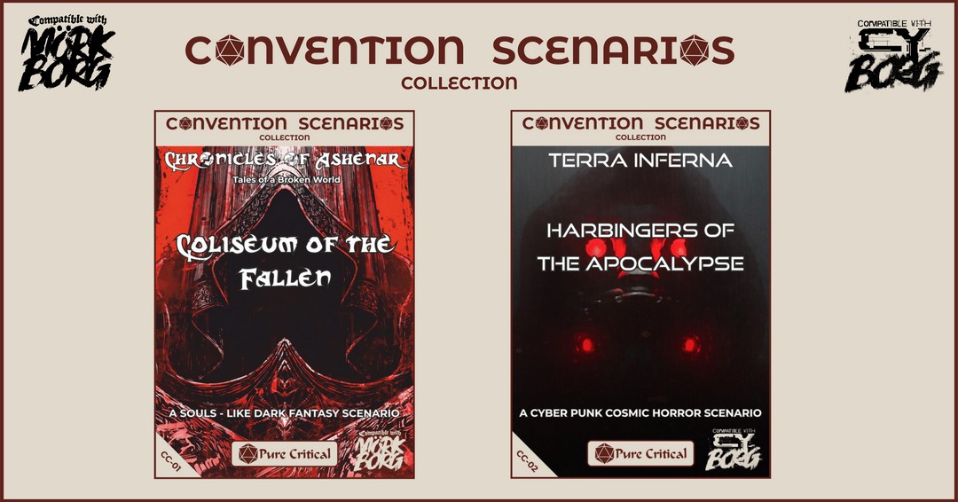 purecritrpg's tweet photo. @Adventurersano1 Greetings &amp; thanks for the opportunity.

Our first two one-shots from our Convention Scenarios Collection are now available at our store.

They have been created for and played at Conventions and Events.

Store 👉https://t.co/chRFqjO7DH

Site👉https://t.co/dHpAiWgiwJ https://t.co/gFVCNUSy5u