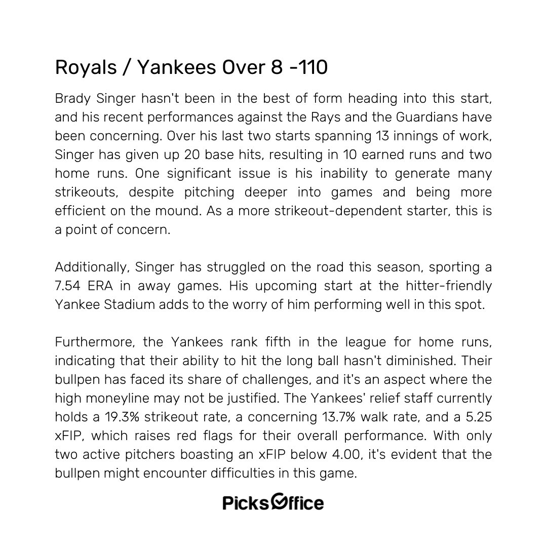 Picks Office on Twitter "MLB Royals Yankees Over 8 110 / 1 Unit