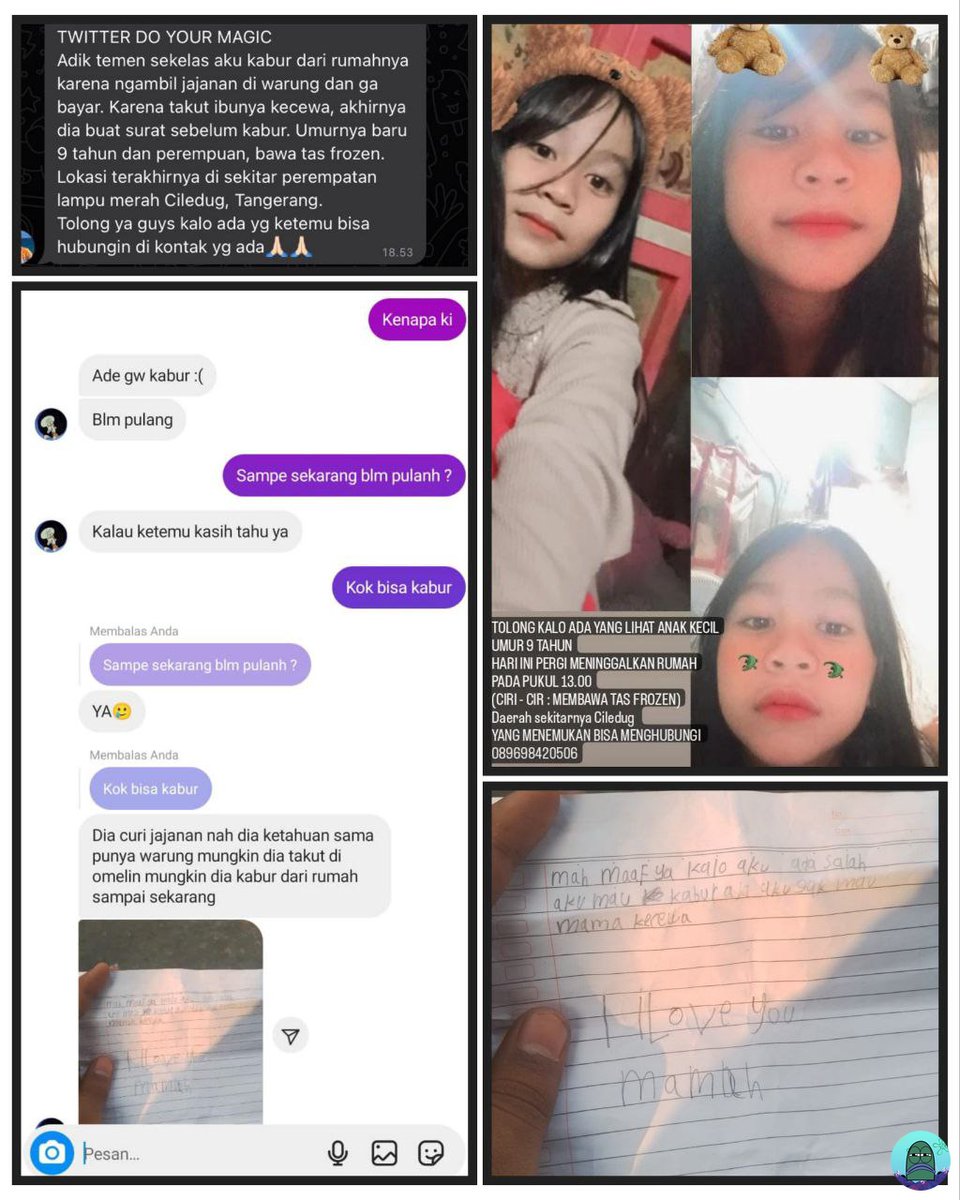 💚 TWITTER PLEASE DO YOUR MAGIC
Adik temen sekelas aku kabur dari rumahnya. Lokasi terakhirnya di sekitar perempatan lampu merah Ciledug, Tangerang.
Tolong ya guys kalo ada yg ketemu bisa hubungin di kontak yg ada🙏🏻🙏🏻