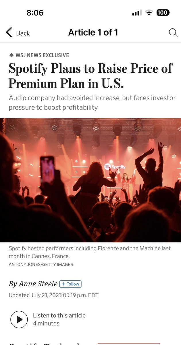 Good news and a welcome (and overdue) development. Because songwriters get a percentage of Spotify’s revenue, this means an immediate 9% raise. Prices need to keep up with the incredible value of streaming services.