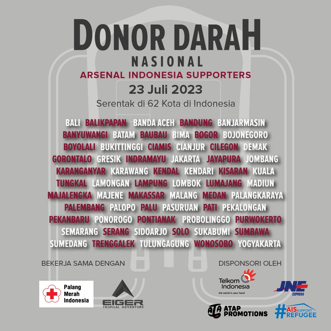 BESOK BANGET‼️
TERBUKA UNTUK UMUM

Setetes darah kita sangat berarti bagi mereka yang membutuhkan.

Bekerjasama dengan:
<a href="/palangmerah/">Indonesian Red Cross</a>
<a href="/eigeradventure/">EIGER</a>

Didukung oleh:
<a href="/TelkomIndonesia/">Telkom Indonesia</a>
<a href="/JNE_ID/">JNE Express</a>
@atap_promotions
@aiswithrefugee 

#AISDondarnas2023