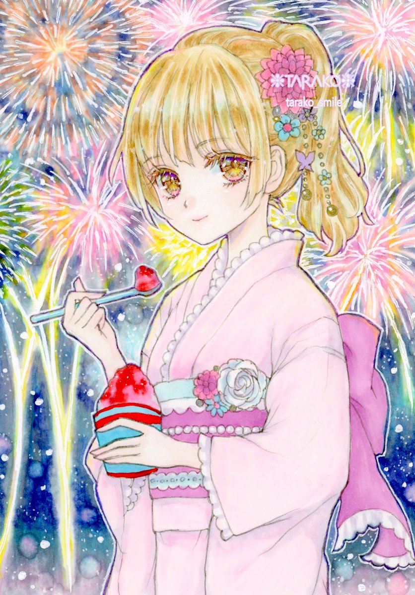 shaved ice 1girl japanese clothes kimono fireworks solo blonde hair  illustration images