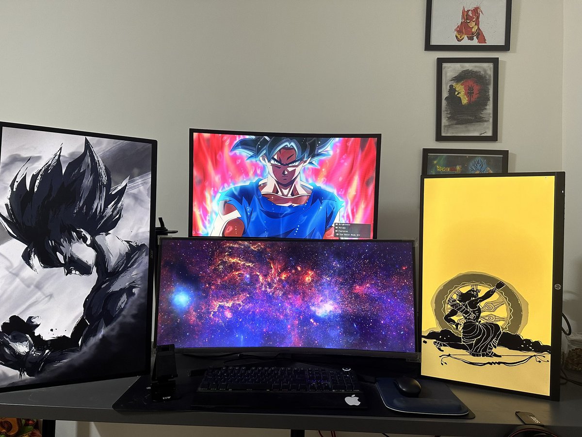 kushvyas's tweet photo. Added another Monitor to the setup, I canโt stop.
Wallpaper Info:
Left Most and Top one has Goku from DragonBall Super
The main screen has image from James Webb Telescope
The right most is Karna from Mahabharata.
#WorkFromHomeDesk #DeskSetup https://t.co/1TkvGagIGY