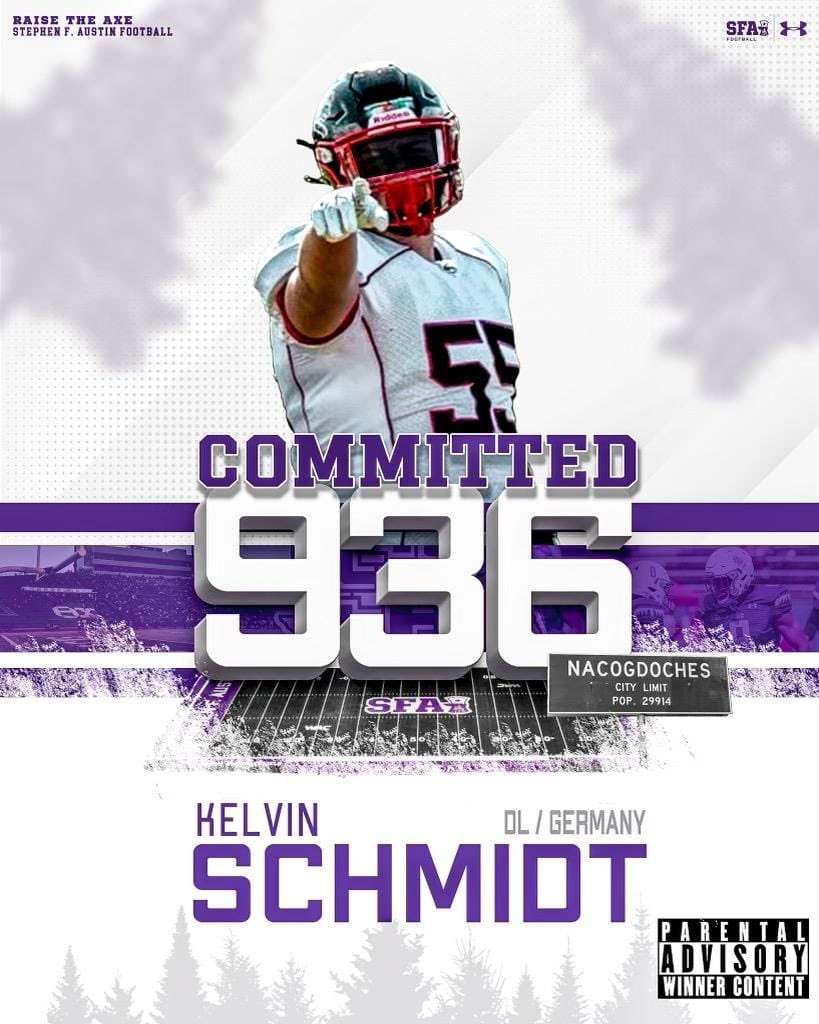 After talking with my Coaches &amp; Family I am really excited to announce that I am committed to <a href="/SFA_Football/">Lumberjack Football</a> ! I want to thank my family and especially <a href="/GridironImports/">Gridiron Imports Foundation</a> for believing and helping me to achieve my Dream. 
#AxeEm 
<a href="/PeterDaletzki/">Peter Daletzki HC/OC Team Germany</a> <a href="/ImmoOsterkamp/">Immo Osterkamp</a> <a href="/GIfootballChris/">Chris Adamson</a>